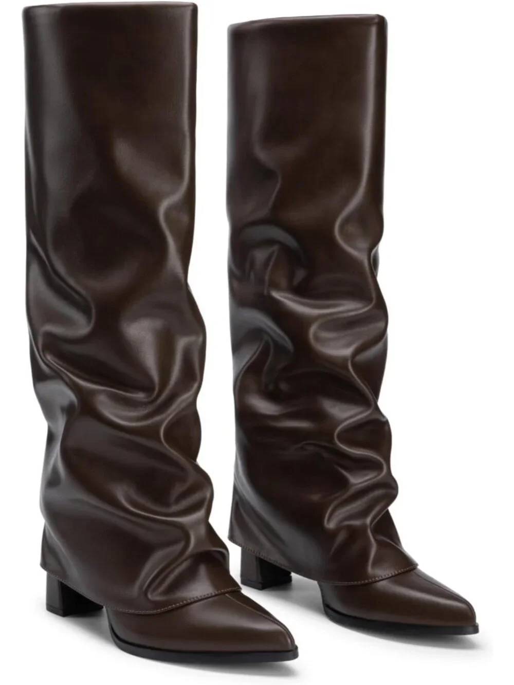 Women's Brown Pointed Toe Pu Leather Chunky Heel Fold Over Knee High Boots